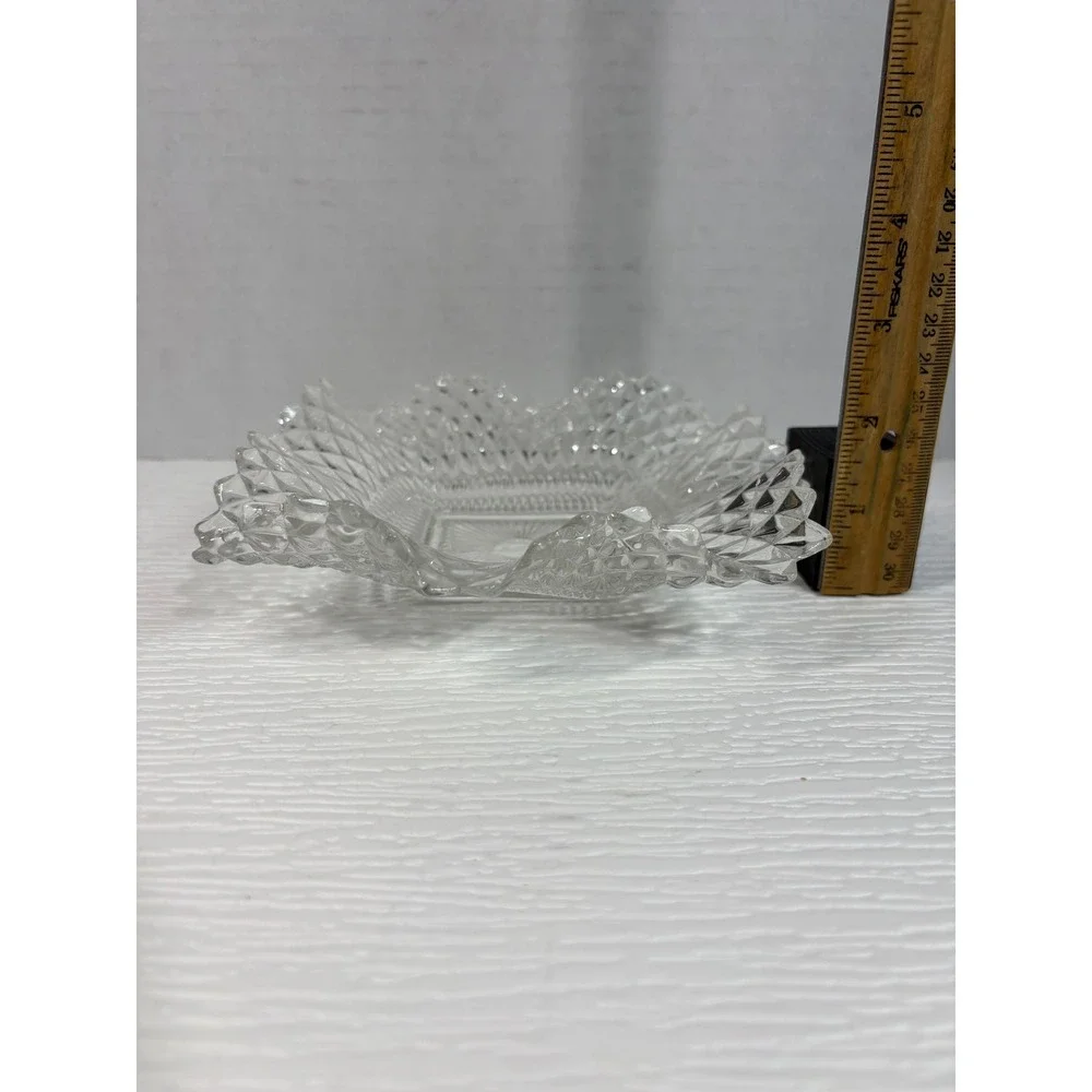 Vintage Clear Pressed Glass Diamond Point Ruffled Edge Square Bowl 6